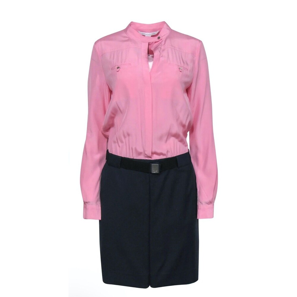 Diane von Furstenberg Shirt Dress 4 Pink Silk Combo Navy Wool Skirt Old Money